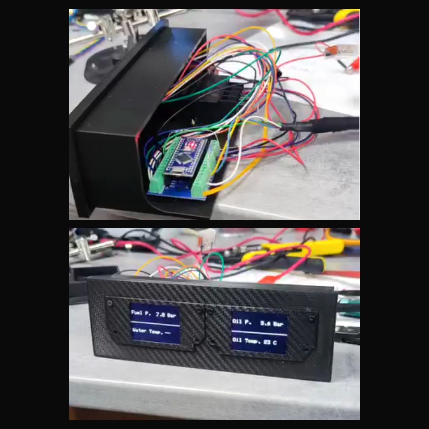 Boîtier imprimé ouvert avec sa carte Arduino et son câblage, et façade carbone à deux écrans OLED